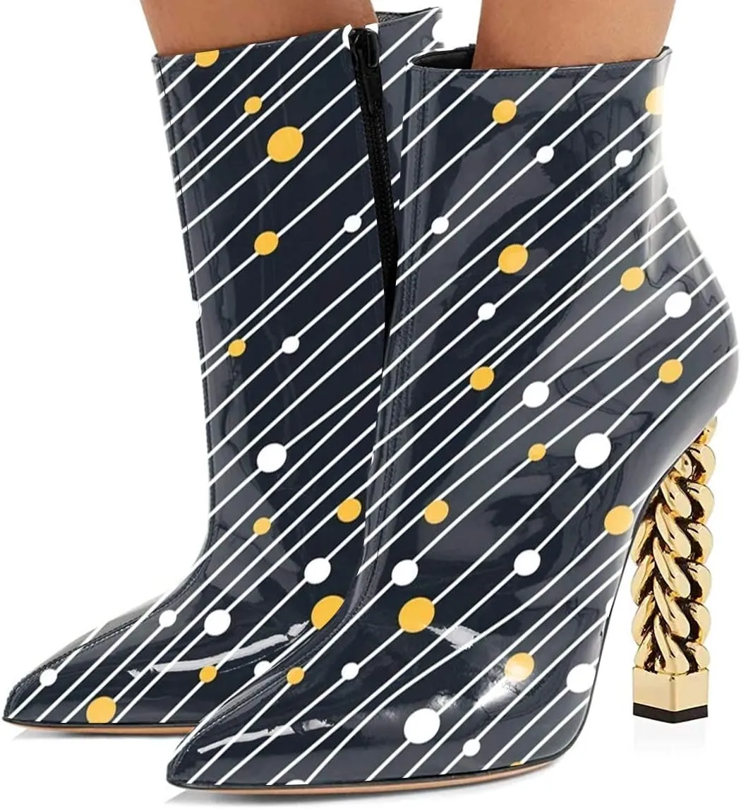 FSJ Women Trendy Pointed Toe Ankle Boot Block Chunky Gold High Heel Bootie Party Prom Shoes with Zipper Size 4-15 US