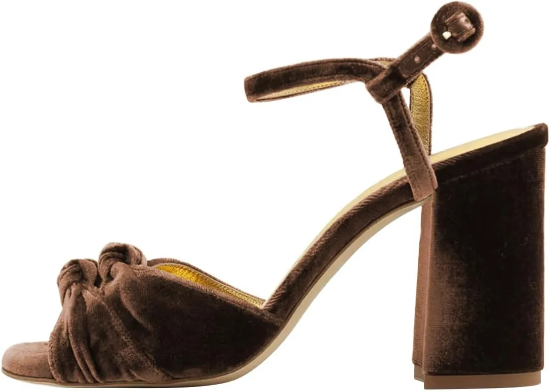 FSJ Women Velvet Heeled Sandals Ankle Strap High Block Open Toe Dress Pumps Chunky Heel Double Knot Bridal Wedding Dress Shoes Size 4-16 US