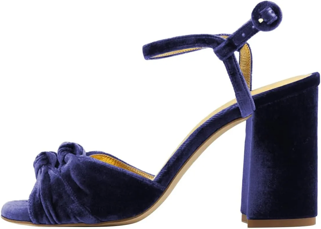 FSJ Women Velvet Heeled Sandals Ankle Strap High Block Open Toe Dress Pumps Chunky Heel Double Knot Bridal Wedding Dress Shoes Size 4-16 US