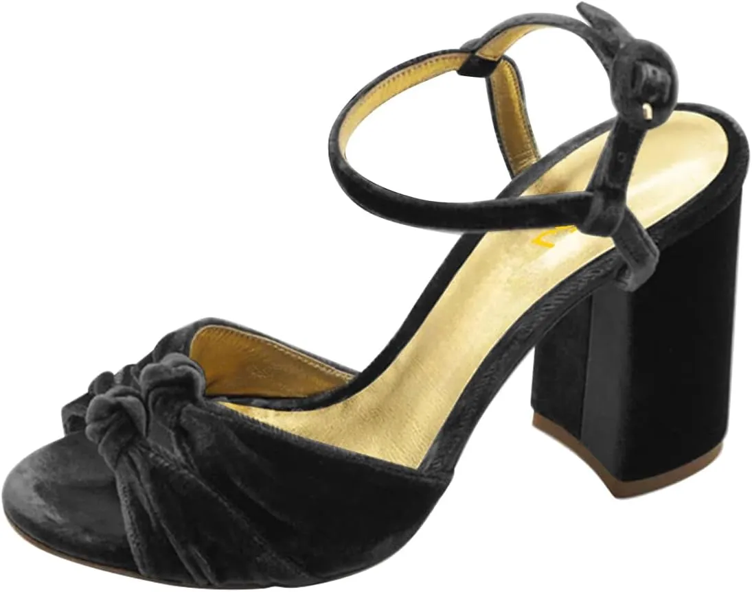 FSJ Women Velvet Heeled Sandals Ankle Strap High Block Open Toe Dress Pumps Chunky Heel Double Knot Bridal Wedding Dress Shoes Size 4-16 US