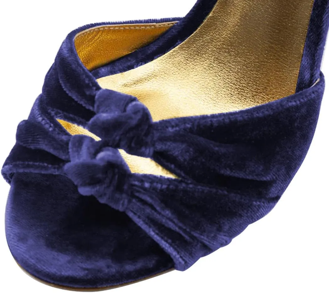 FSJ Women Velvet Heeled Sandals Ankle Strap High Block Open Toe Dress Pumps Chunky Heel Double Knot Bridal Wedding Dress Shoes Size 4-16 US