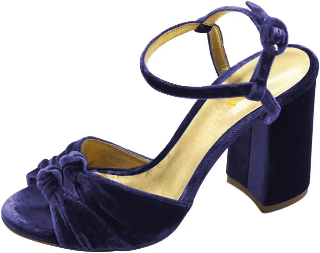 FSJ Women Velvet Heeled Sandals Ankle Strap High Block Open Toe Dress Pumps Chunky Heel Double Knot Bridal Wedding Dress Shoes Size 4-16 US