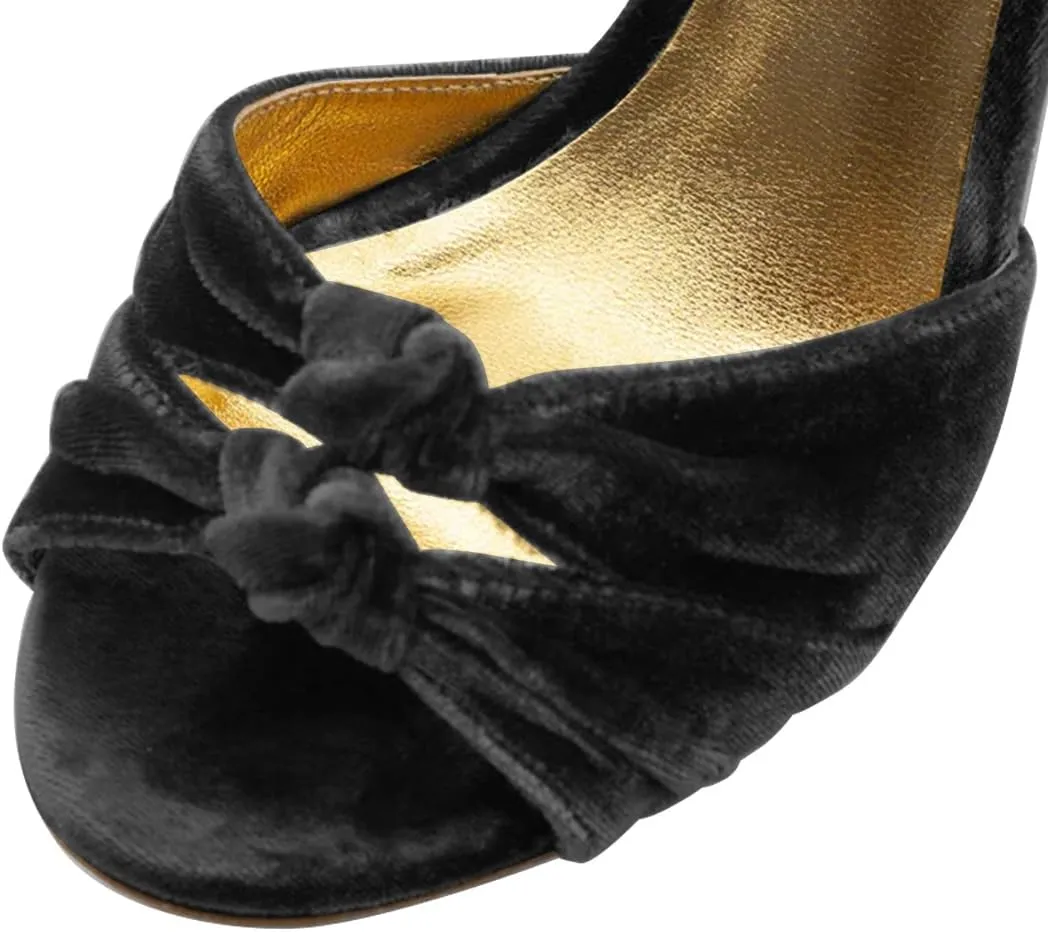 FSJ Women Velvet Heeled Sandals Ankle Strap High Block Open Toe Dress Pumps Chunky Heel Double Knot Bridal Wedding Dress Shoes Size 4-16 US