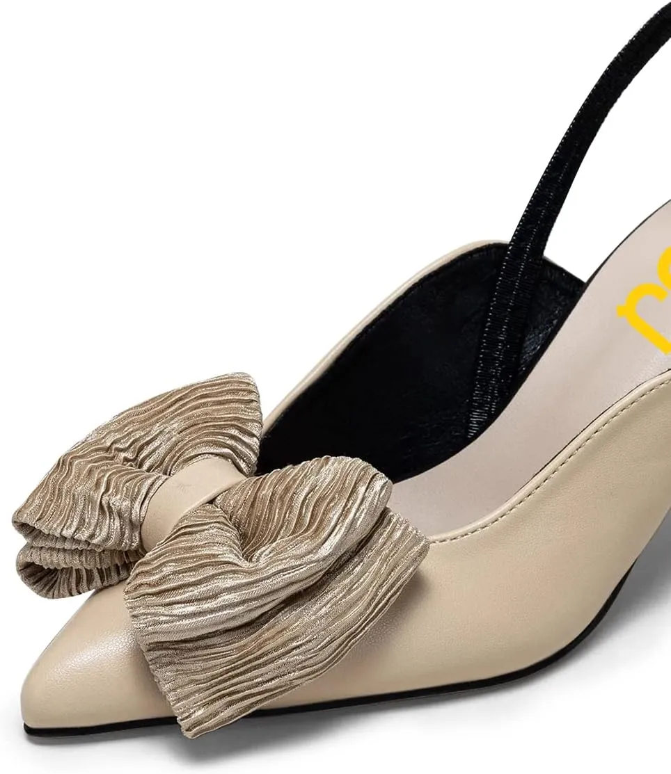 FSJ Women's Cute Low Kitten Heel Slingback Dress Pumps Bowtie Pointed Toe Comfortable Slip On Sandals Wedding Shoes Size 4-15 US
