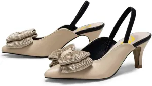 FSJ Women's Cute Low Kitten Heel Slingback Dress Pumps Bowtie Pointed Toe Comfortable Slip On Sandals Wedding Shoes Size 4-15 US