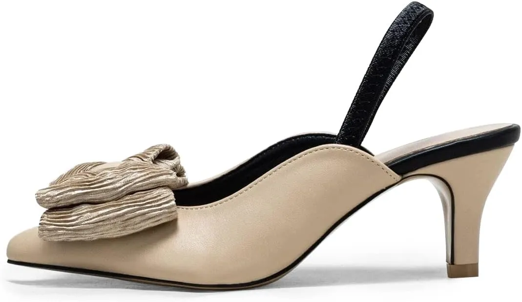FSJ Women's Cute Low Kitten Heel Slingback Dress Pumps Bowtie Pointed Toe Comfortable Slip On Sandals Wedding Shoes Size 4-15 US