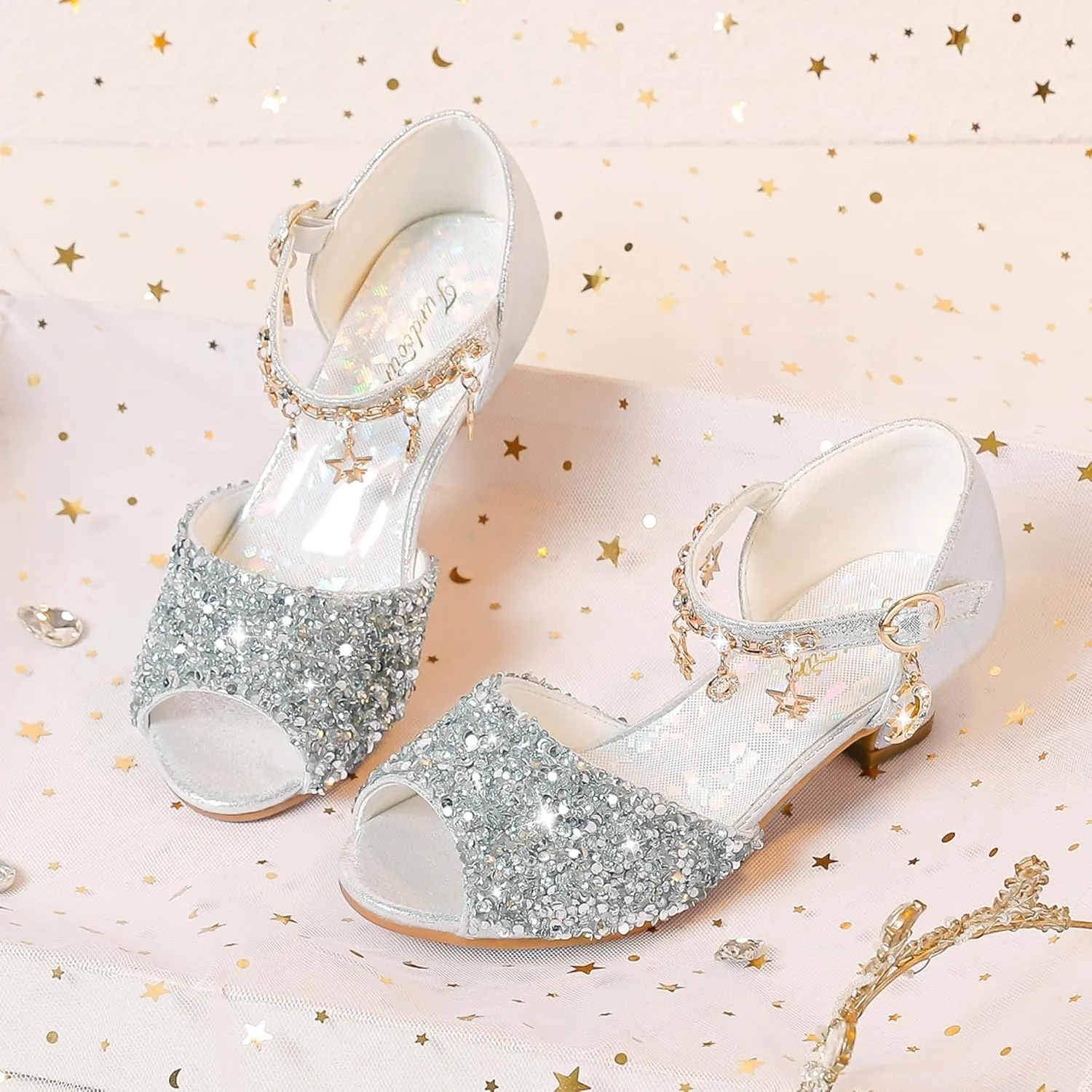 Furdeour Sparkly Girls Dress Shoes Princess Shoes High Heels Peep Toe Low Heel Glitter Toddler Big Kid Wedding Party