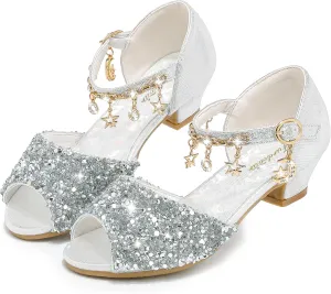 Furdeour Sparkly Girls Dress Shoes Princess Shoes High Heels Peep Toe Low Heel Glitter Toddler Big Kid Wedding Party
