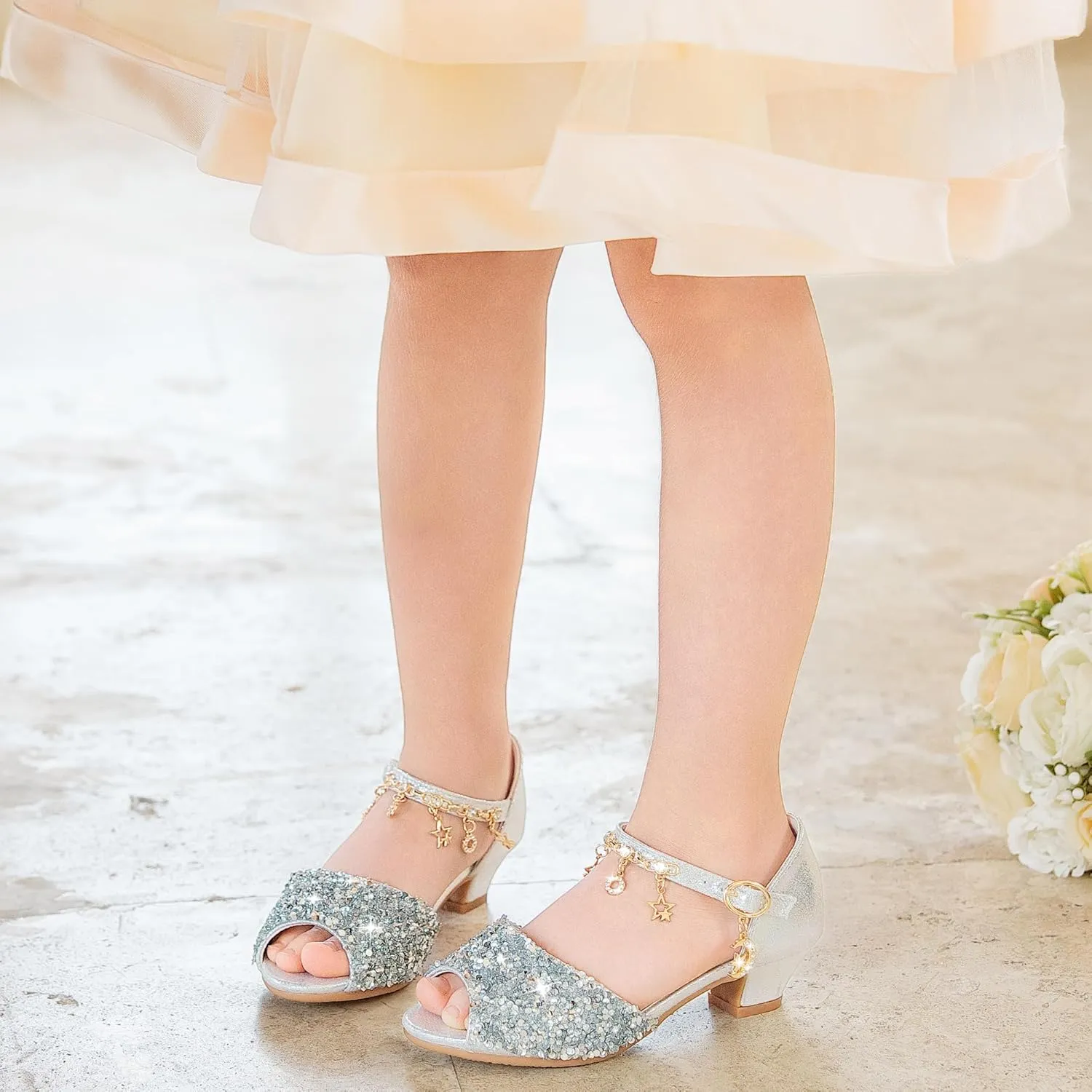 Furdeour Sparkly Girls Dress Shoes Princess Shoes High Heels Peep Toe Low Heel Glitter Toddler Big Kid Wedding Party