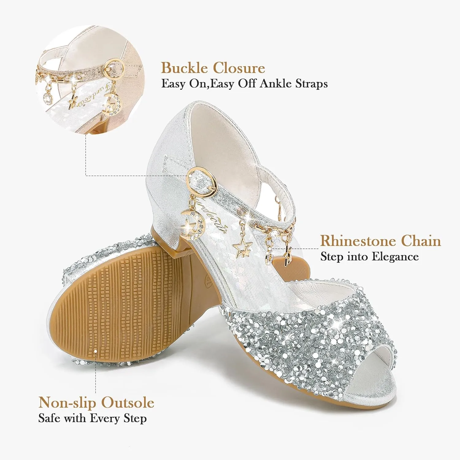 Furdeour Sparkly Girls Dress Shoes Princess Shoes High Heels Peep Toe Low Heel Glitter Toddler Big Kid Wedding Party
