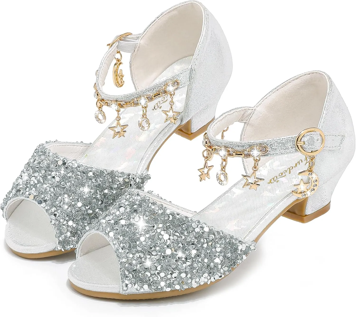 Furdeour Sparkly Girls Dress Shoes Princess Shoes High Heels Peep Toe Low Heel Glitter Toddler Big Kid Wedding Party