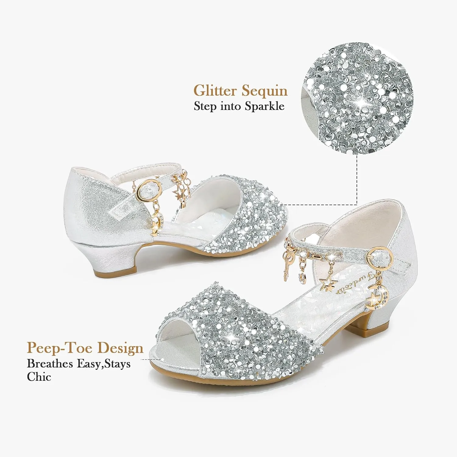 Furdeour Sparkly Girls Dress Shoes Princess Shoes High Heels Peep Toe Low Heel Glitter Toddler Big Kid Wedding Party