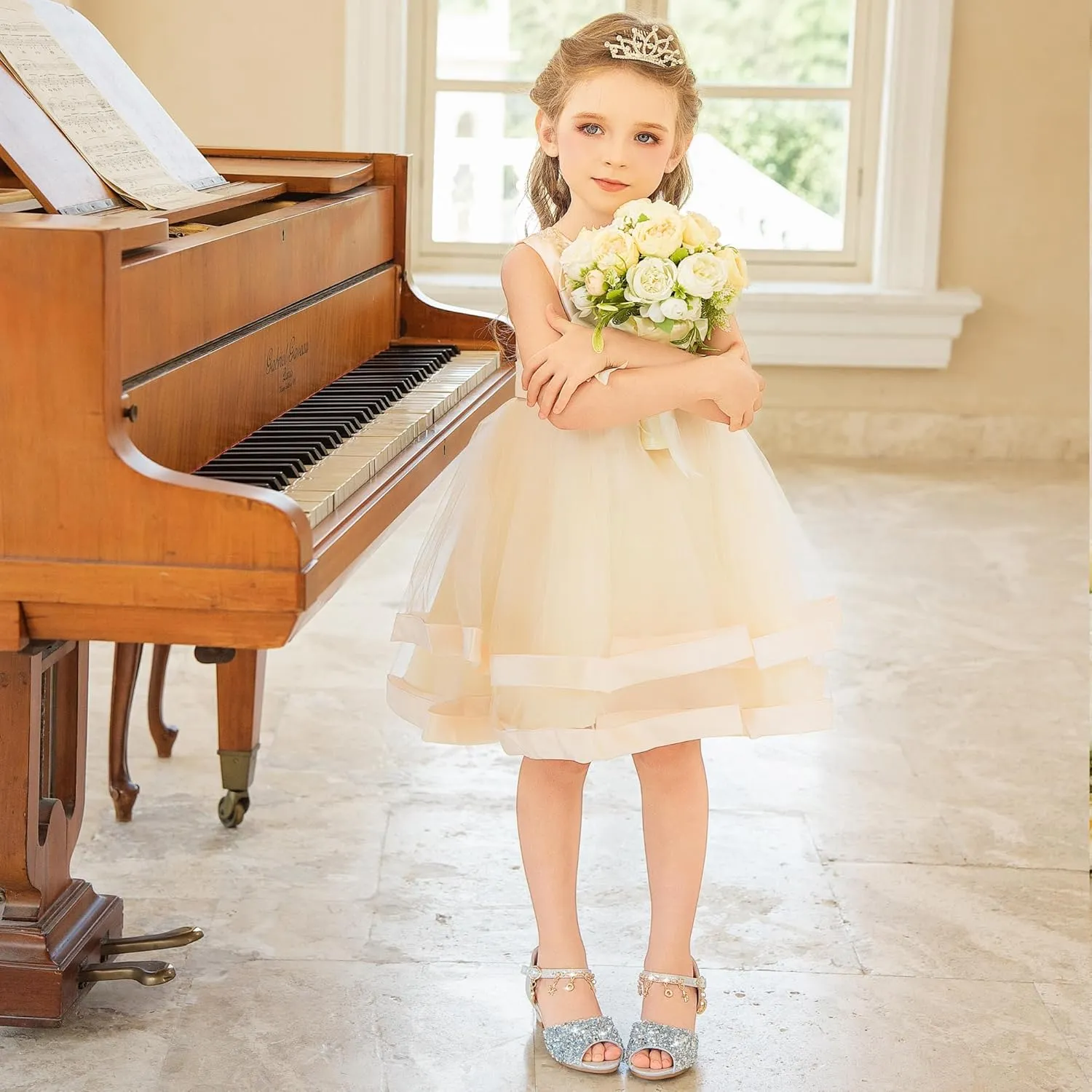 Furdeour Sparkly Girls Dress Shoes Princess Shoes High Heels Peep Toe Low Heel Glitter Toddler Big Kid Wedding Party