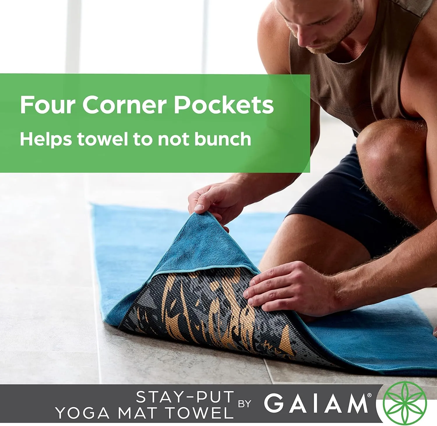 Gaiam Yoga Towel - Mat Sized Active Dry Non Slip Moisture Wicking Sweat Absorbent Microfiber Hot Yoga Towel for Women & Men | Stay-Put Corner Pockets (70" Long x 26" Wide)