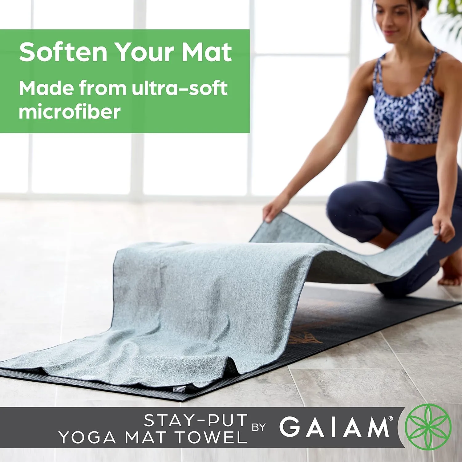 Gaiam Yoga Towel - Mat Sized Active Dry Non Slip Moisture Wicking Sweat Absorbent Microfiber Hot Yoga Towel for Women & Men | Stay-Put Corner Pockets (70" Long x 26" Wide)