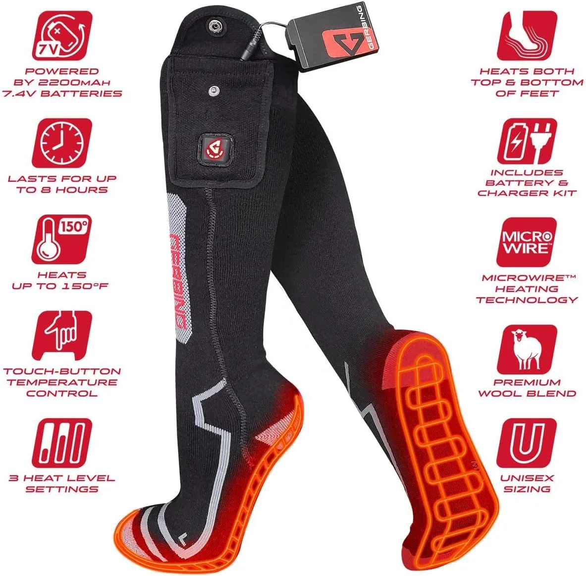 Gerbing 7V Ultimate Wool Heated Socks, Unisex Battery Heated Socks, Touch Control, Outdoor, Skiing, Hiking, Hunting