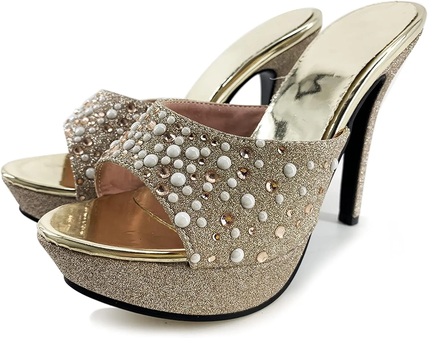Gicoiz Women Stiletto Mules Platform High Heel Glitter Sandals Peep Toe