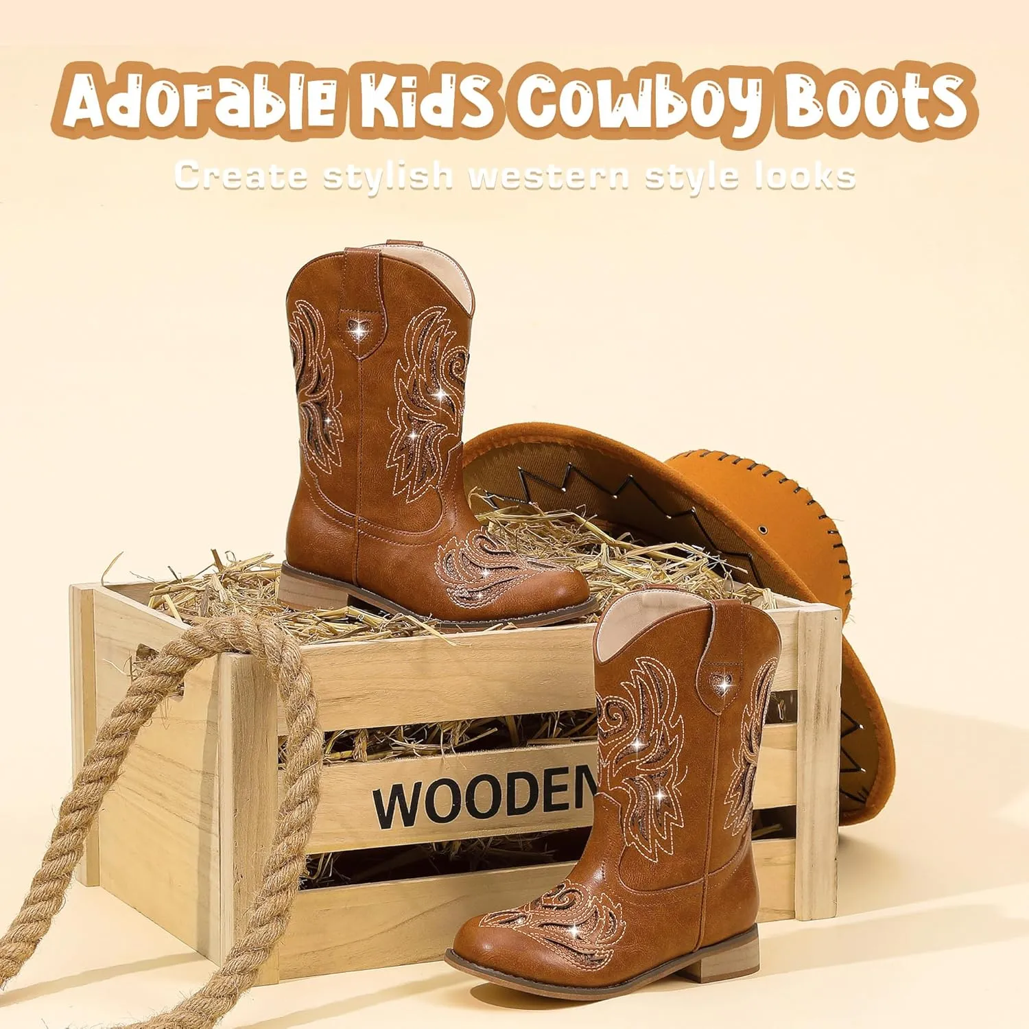 Girls Cowgirl Boot Glitter Kids Cowboy Boots Western BoysCowboy Mid Calf Square Toe Toddler Little Kid/Big Kid Party Birthday Riding Shoes