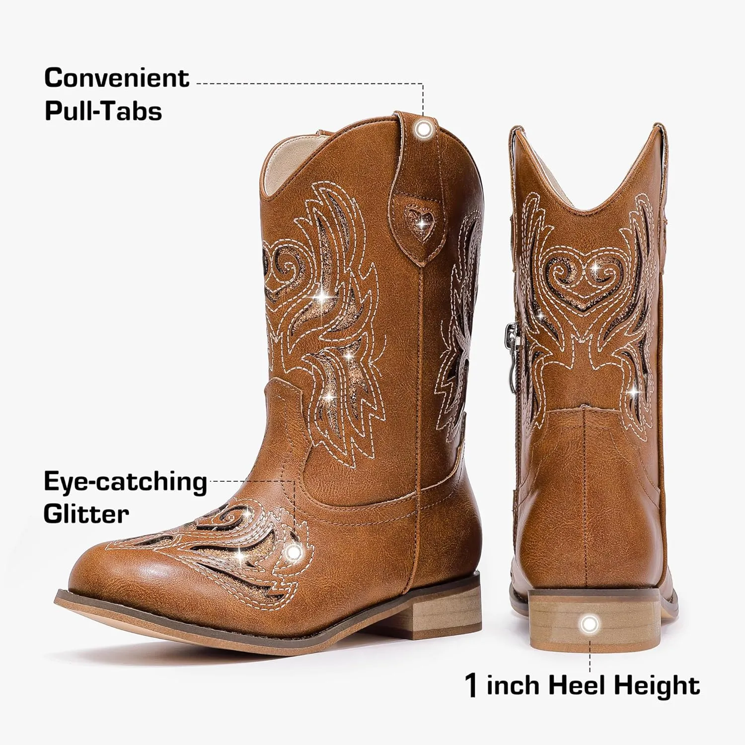 Girls Cowgirl Boot Glitter Kids Cowboy Boots Western BoysCowboy Mid Calf Square Toe Toddler Little Kid/Big Kid Party Birthday Riding Shoes