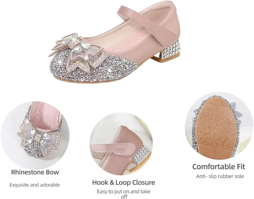 Girls Dress Shoes Mary Jane Wedding Party Glitter Low Heel Bow Princess Flower Shoe for Toddler/Little Kid
