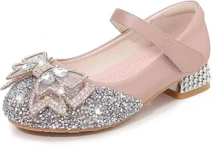 Girls Dress Shoes Mary Jane Wedding Party Glitter Low Heel Bow Princess Flower Shoe for Toddler/Little Kid