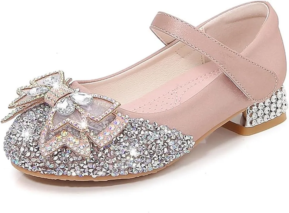 Girls Dress Shoes Mary Jane Wedding Party Glitter Low Heel Bow Princess Flower Shoe for Toddler/Little Kid