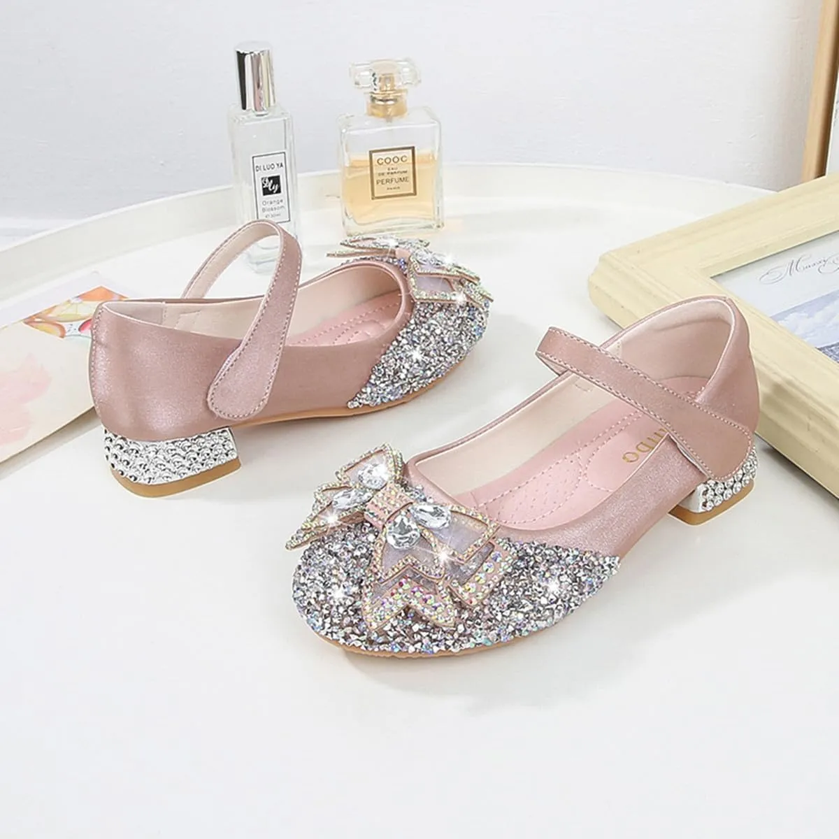 Girls Dress Shoes Mary Jane Wedding Party Glitter Low Heel Bow Princess Flower Shoe for Toddler/Little Kid