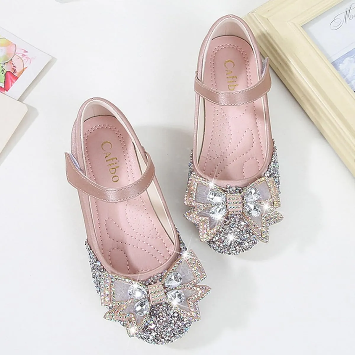 Girls Dress Shoes Mary Jane Wedding Party Glitter Low Heel Bow Princess Flower Shoe for Toddler/Little Kid