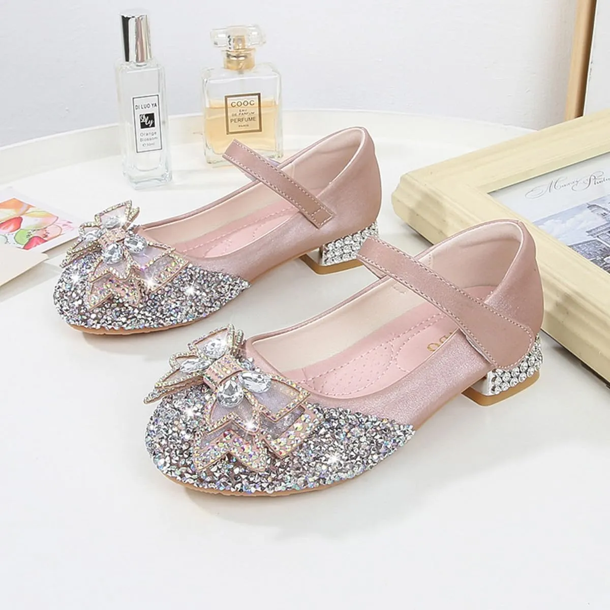 Girls Dress Shoes Mary Jane Wedding Party Glitter Low Heel Bow Princess Flower Shoe for Toddler/Little Kid