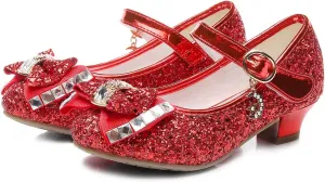 Girls Dress Shoes Mary Jane Wedding Party Heel Glitter Bow Princess Flower Shoes for Kid Toddler