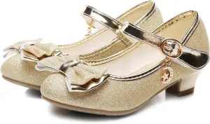 Girls Dress Shoes Mary Jane Wedding Party Heel Glitter Bow Princess Flower Shoes for Kid Toddler
