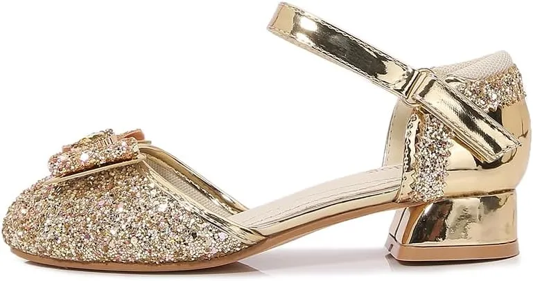 Girls Dress Shoes Wedding Low Heel Glitter Prom Shoes