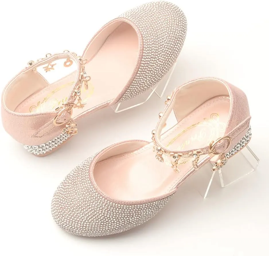 Girl's Glitter Ballerina Mary Jane Low Heel Wedding Bridesmaids Party School Princess Flower Dress Shoes for Kid Toddler