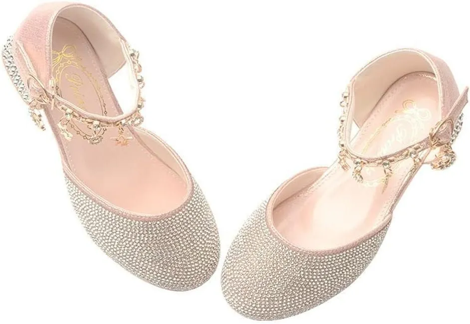 Girl's Glitter Ballerina Mary Jane Low Heel Wedding Bridesmaids Party School Princess Flower Dress Shoes for Kid Toddler