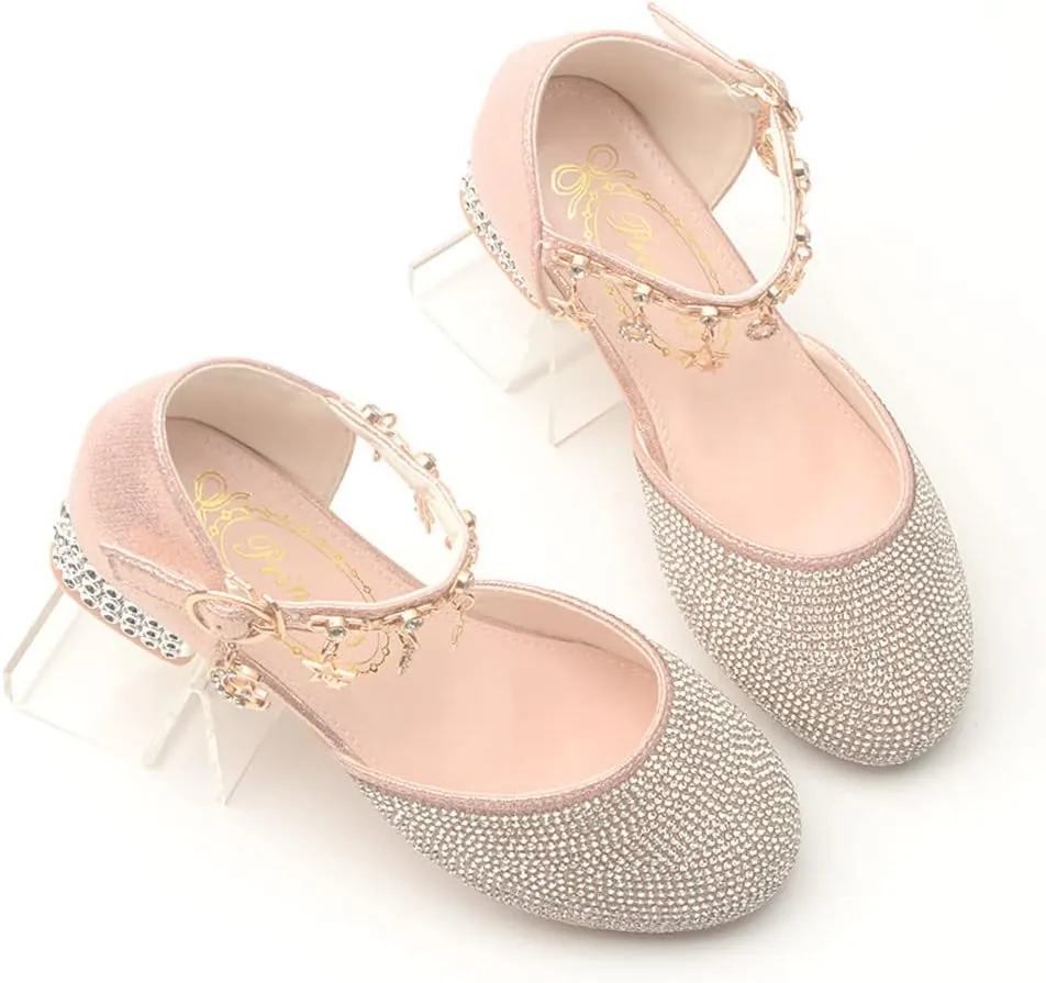 Girl's Glitter Ballerina Mary Jane Low Heel Wedding Bridesmaids Party School Princess Flower Dress Shoes for Kid Toddler