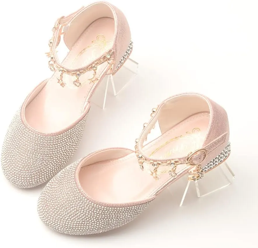 Girl's Glitter Ballerina Mary Jane Low Heel Wedding Bridesmaids Party School Princess Flower Dress Shoes for Kid Toddler