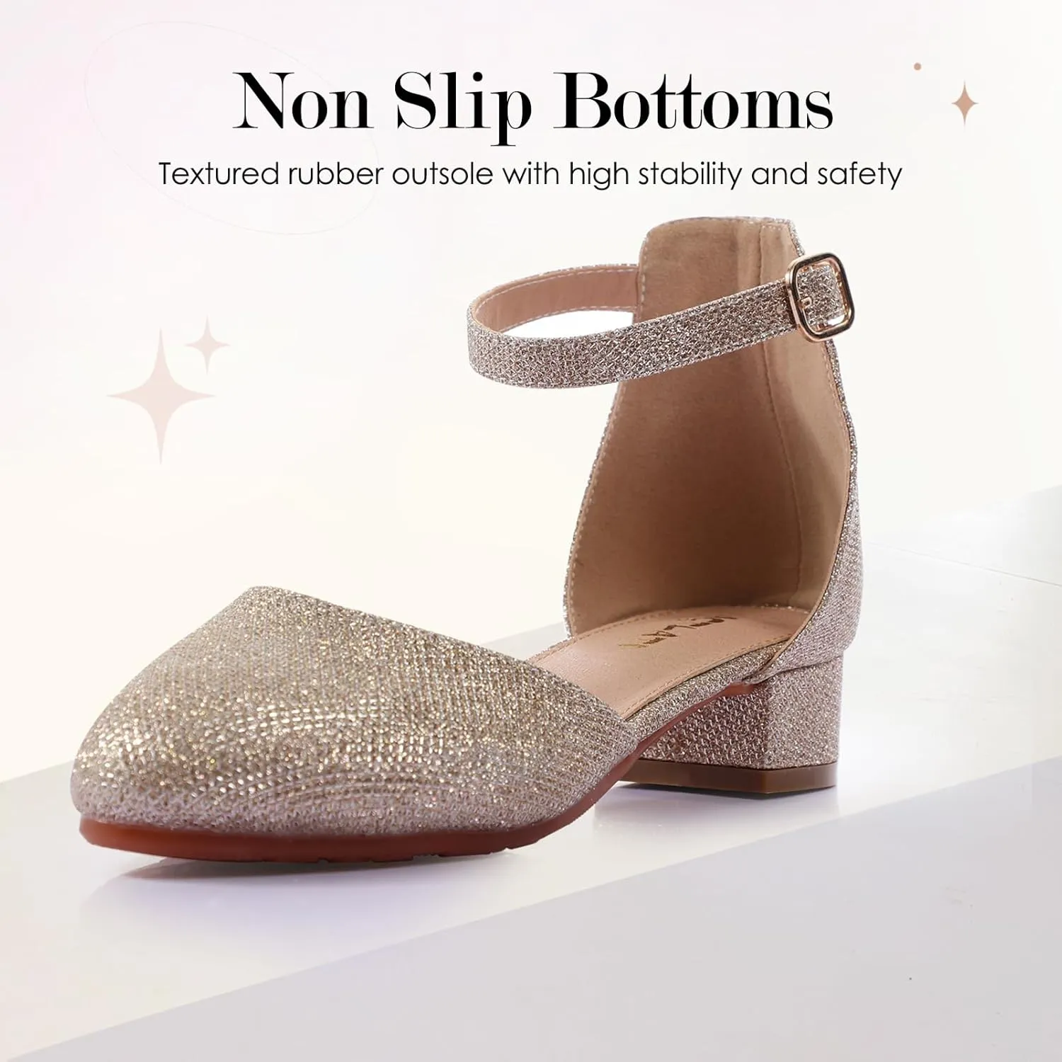 Girls Glitter Dress Shoes - Closed Toe Chunky High Heels with Ankle Strap for Weddings, Parties, and Special Occasions (Big Kid)