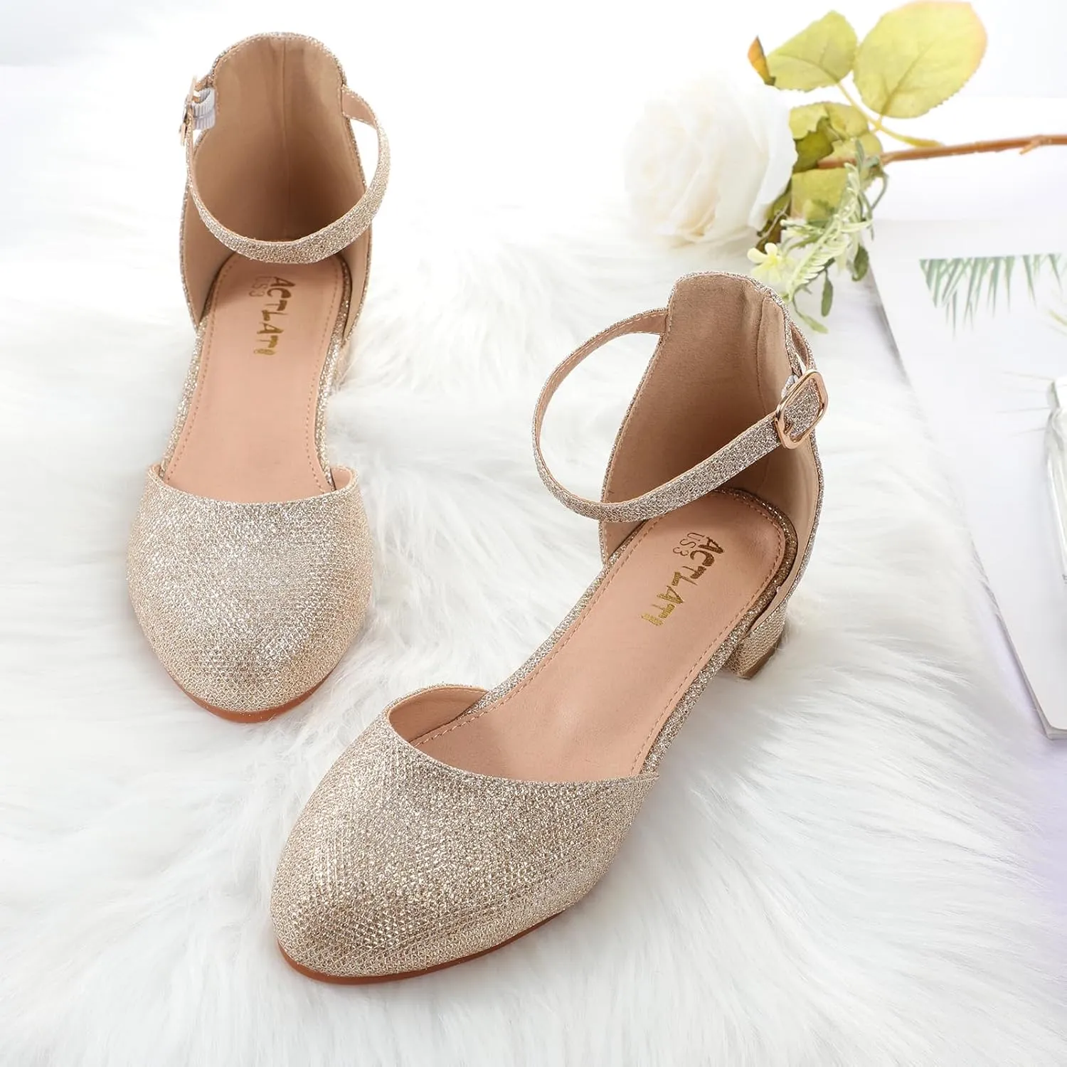 Girls Glitter Dress Shoes - Closed Toe Chunky High Heels with Ankle Strap for Weddings, Parties, and Special Occasions (Big Kid)