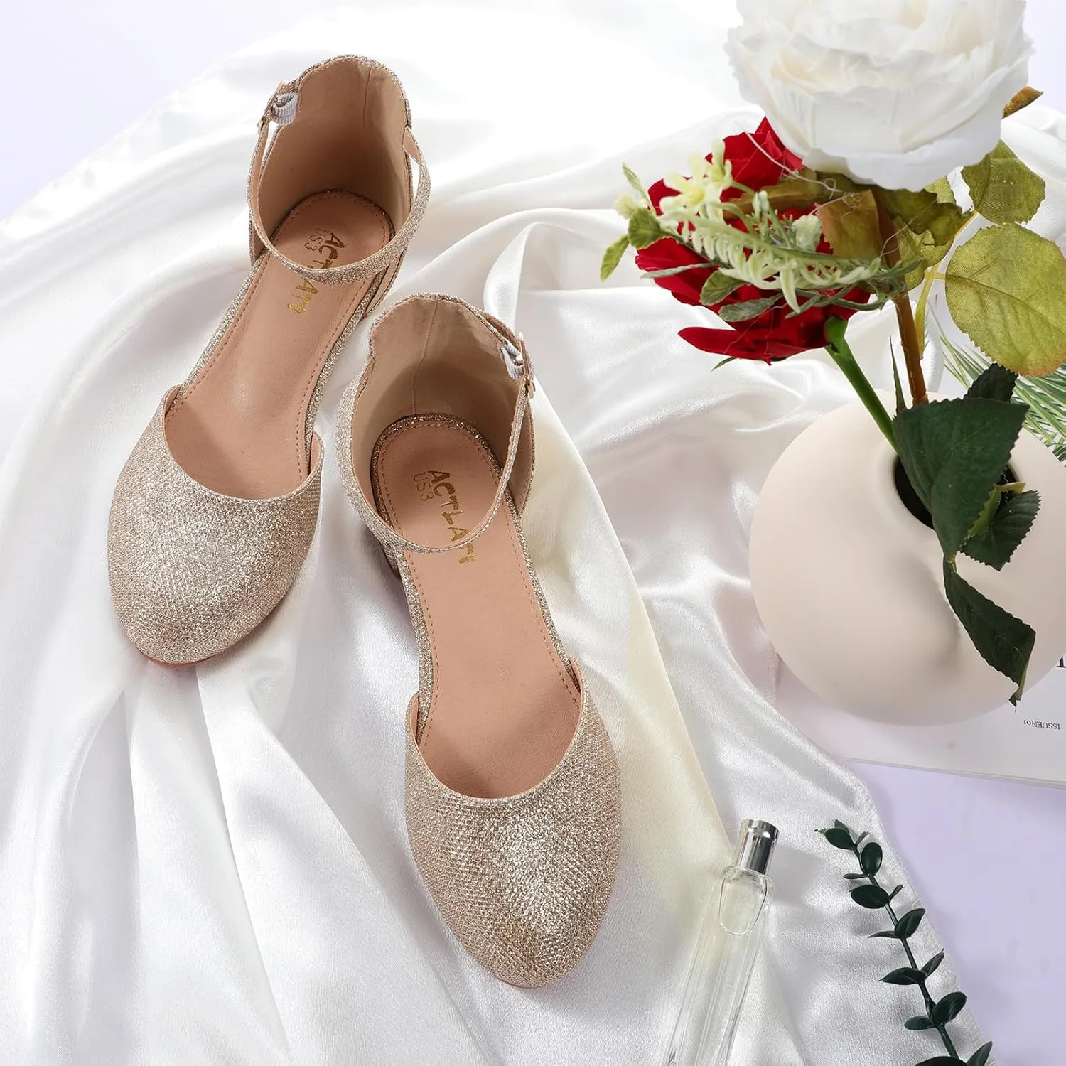 Girls Glitter Dress Shoes - Closed Toe Chunky High Heels with Ankle Strap for Weddings, Parties, and Special Occasions (Big Kid)