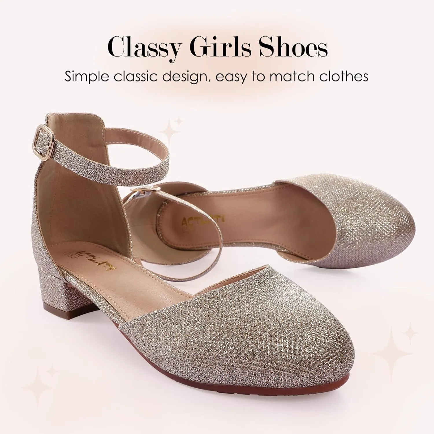 Girls Glitter Dress Shoes - Closed Toe Chunky High Heels with Ankle Strap for Weddings, Parties, and Special Occasions (Big Kid)