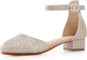 Girls Glitter Dress Shoes - Closed Toe Chunky High Heels with Ankle Strap for Weddings, Parties, and Special Occasions (Big Kid)