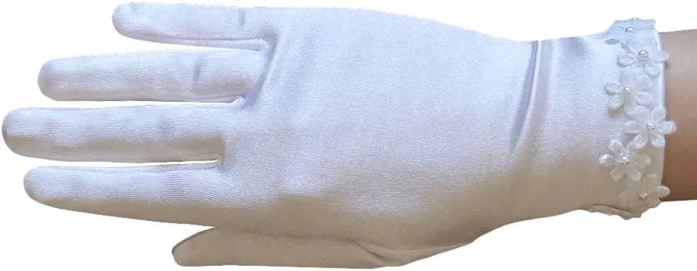 Girl's Satin Gloves with flowers across the wrist with pearl centres