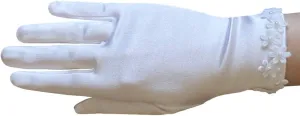 Girl's Satin Gloves with flowers across the wrist with pearl centres