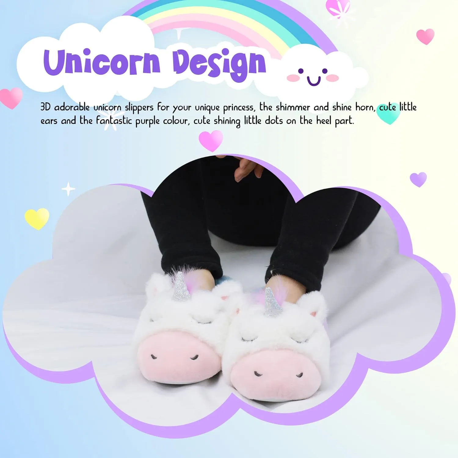 Girls Unicorn Slippers Warm Fuzzy Glitter Kids House Shoes