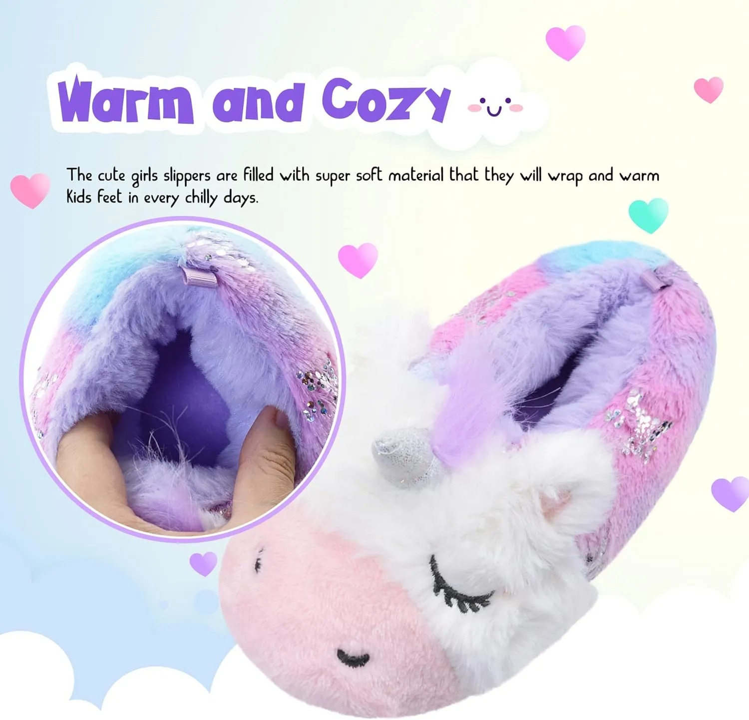 Girls Unicorn Slippers Warm Fuzzy Glitter Kids House Shoes