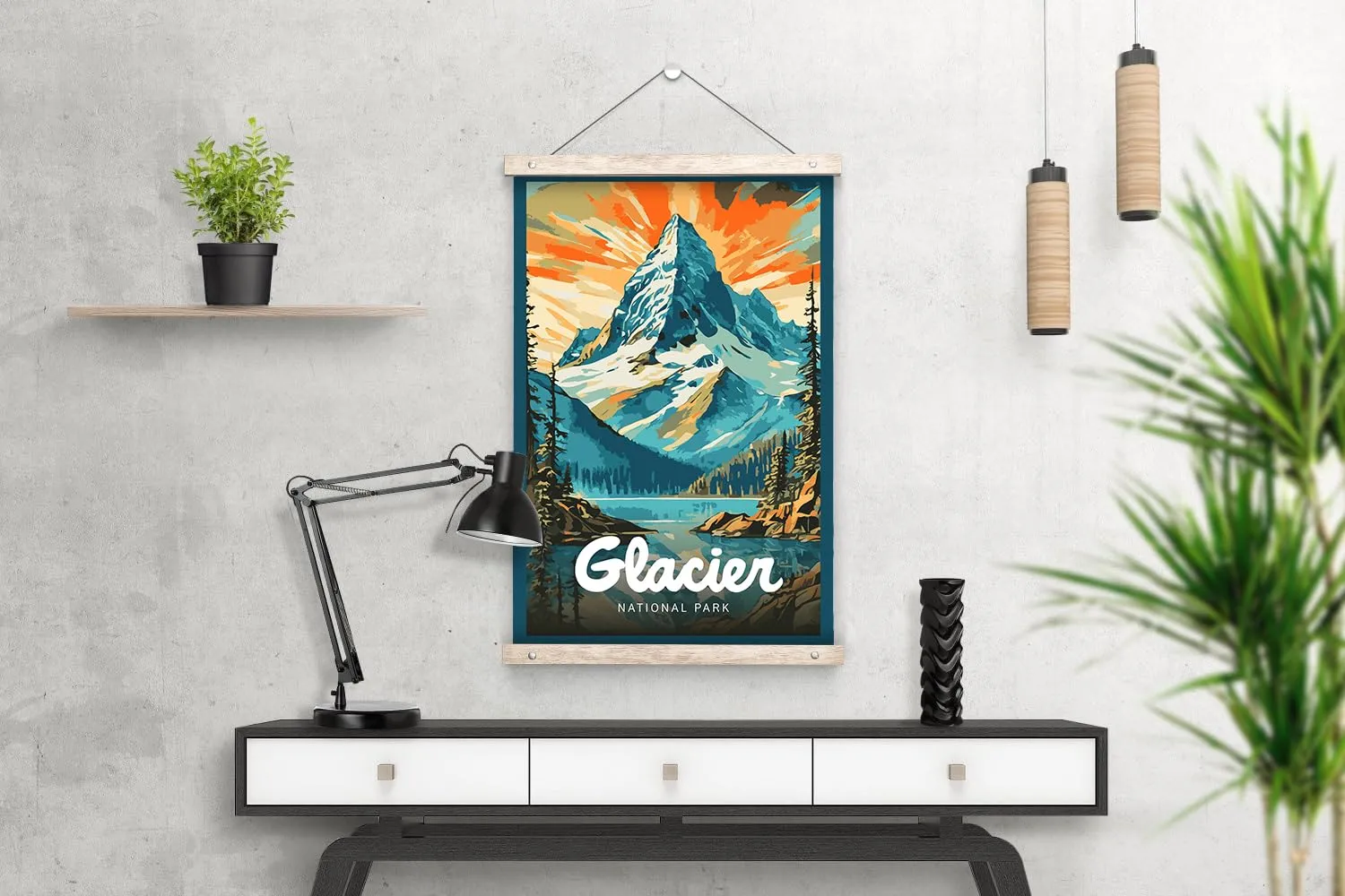 Glacier National Park Modern Style Travel Poster - 8x10-12x18-18x24-24x36 / 4x6 Postcard Designer Series Art Print USA United States Wall Art Montana (24x36 Inch Poster)