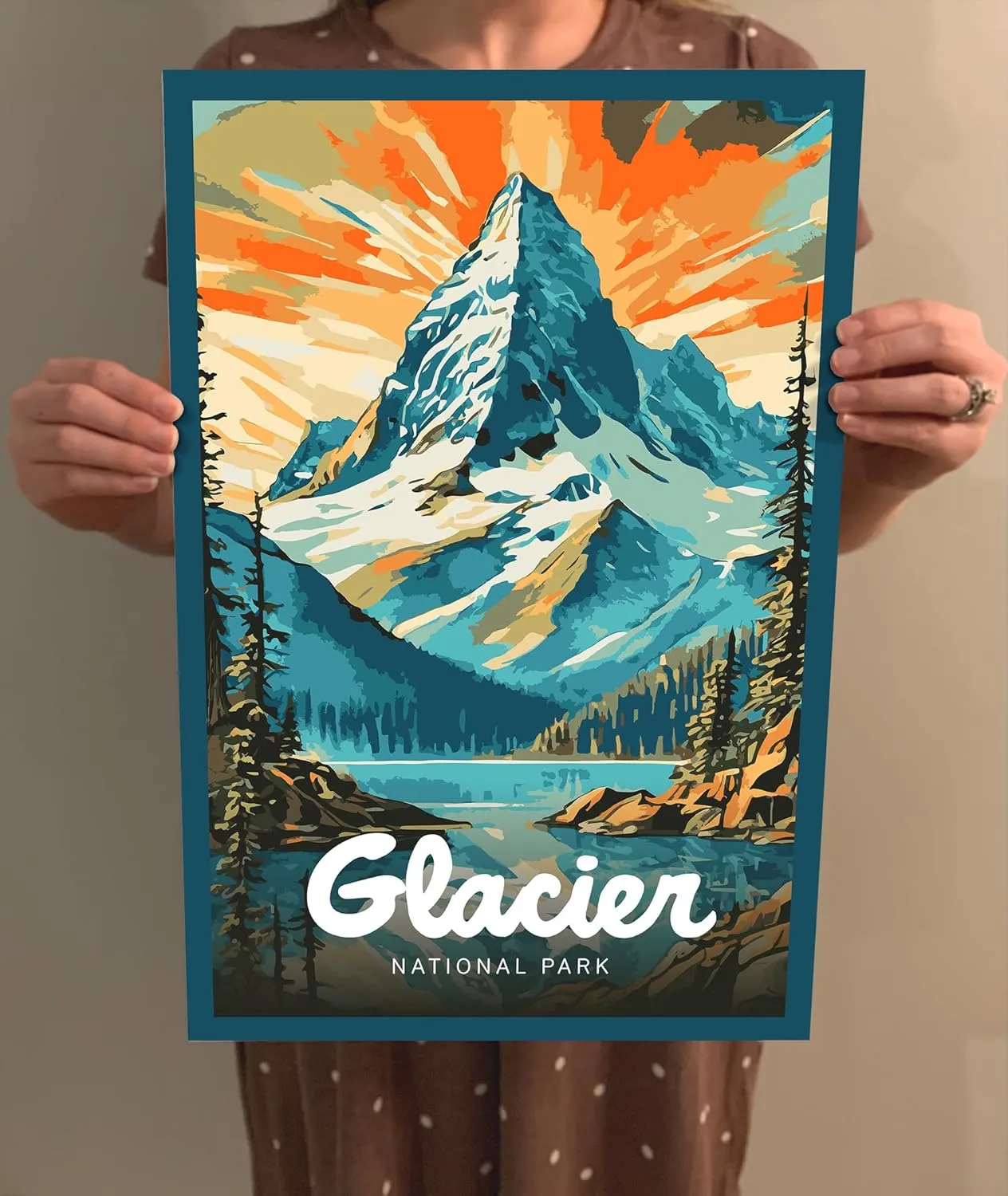 Glacier National Park Modern Style Travel Poster - 8x10-12x18-18x24-24x36 / 4x6 Postcard Designer Series Art Print USA United States Wall Art Montana (24x36 Inch Poster)