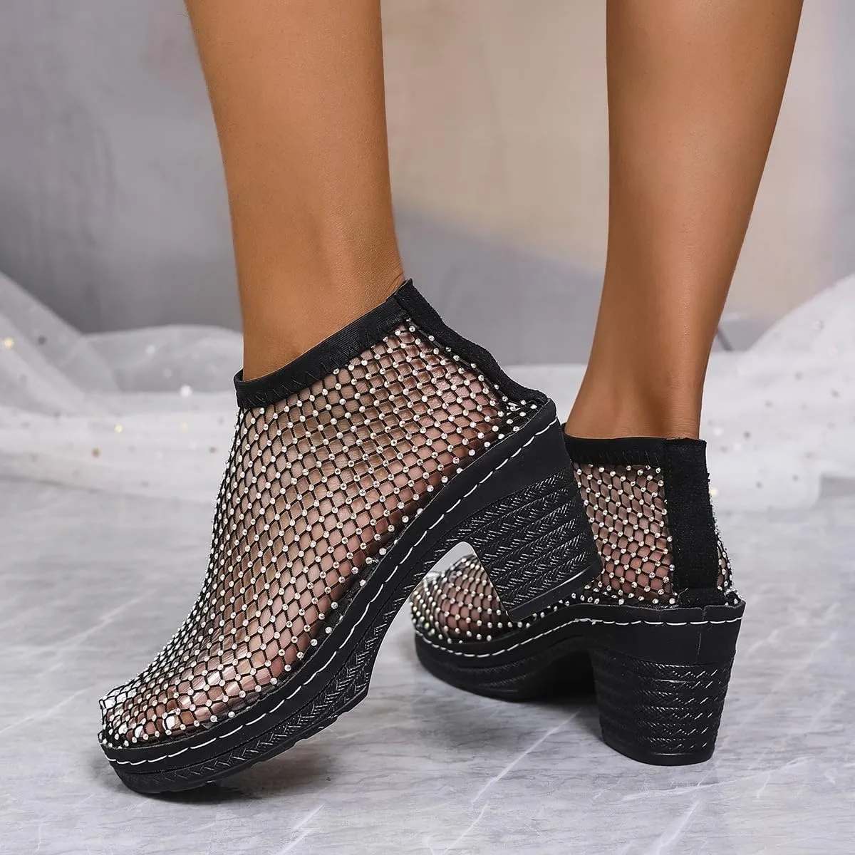 Glitter Mesh Hollow Ankle Boots, Glitter Fishnet Ankle Booties with Chunky Heel, Party & Casual Sparkle Shoes