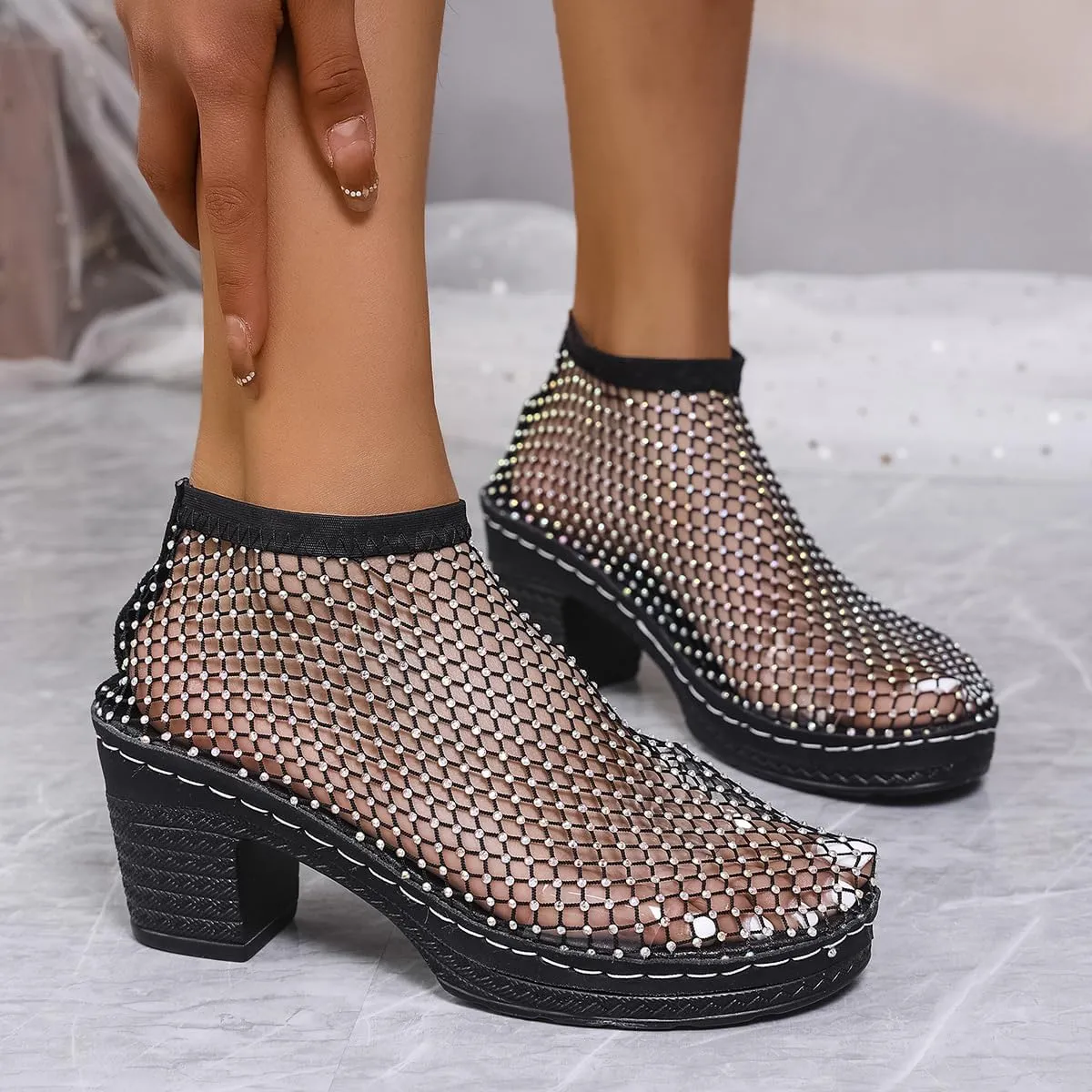 Glitter Mesh Hollow Ankle Boots, Glitter Fishnet Ankle Booties with Chunky Heel, Party & Casual Sparkle Shoes