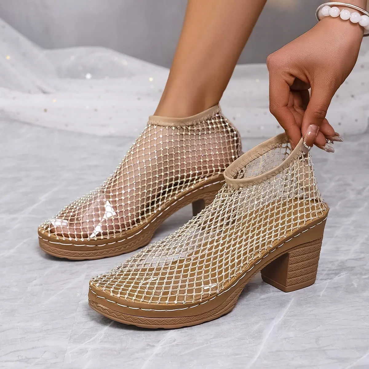 Glitter Mesh Hollow Ankle Boots, Glitter Fishnet Ankle Booties with Chunky Heel, Party & Casual Sparkle Shoes
